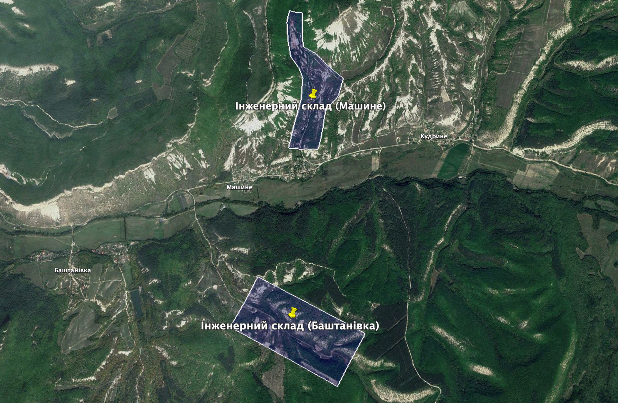 Інженерні склади 758-го ЦМТЗ ЧФ РФ у селах Машине і Баштанівка, Бахчисарайський район Фото: Google Earth