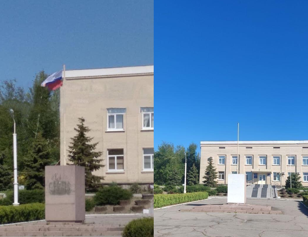 До і після. Російський прапор в центрі Берислава, початок травня та 7 травня 2022 року Фото: Олег Батурін
