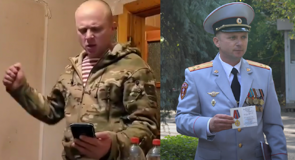 Сєргєй Шевченко (Ямаха), боєць БАРС-1, квітень 2023,  та полковник Росгвардии Шевченко, жовтень 2020. Фото скрін відео з соцмереж 