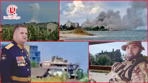 Ліквідовані російські окупанти Цоков і Тимурзієв на фоні готелю “Дюна”, який став для обох могилою, фото з архіву,  колаж: investigator.org.ua