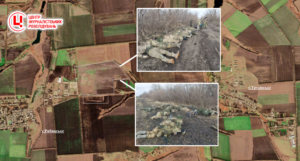 Місце “прильоту” між селищами Рибинське та Трудівське на знімках супутника Sentinel-2 і фото роспропагандистів з місця ураження. Колаж: investigator.org.ua