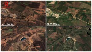 Порівняння знімків  супутника на ділянці м. Докучаєвськ – с. Стила – м. Старобешеве  11.11.2023 і 02.05.2024 р. Колаж:  investigator.org.ua 