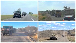 Колони техніки російської окупаційної армії на сухопутному коридорі в квітні-червні 2024 р. Джерело фото: соцмережі. Колаж: investigator.org. .ua