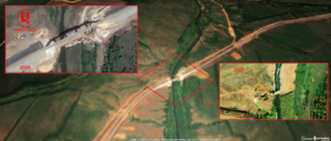 Залізничний міст через р. Кальміус в районі с. Гранітне, Донецької обл. Джерело фото: супутники Sentinel-2, Maxar Колаж: investigator.org. .ua