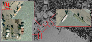 Суховантажі в порту окупованого Бердянська навесні 2024 р. Джерело фото: супутник Maxar Колаж: investigator.org.ua