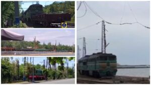 Тепловози на залізниці в Маріуполі в травні-червні 2024 р.  Джерело фото: соцмережі. Колаж: investigator.org. .ua