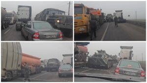 Затор в районі н.п. Мангуш(~5 км на захід в м. Маріуполь) на початку травня 2024 р. Джерело фото: соцмережі. Колаж: investigator.org. .ua