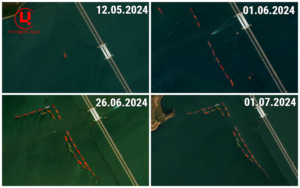 Хронологія встановлення барж біля так званого Кримського мосту з 12.05.2024 по 01.07.2024 Джерело фото: супутник Sentinel-2. Колаж: investigator.org.ua