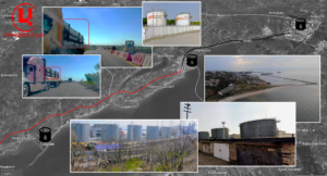 Ділянка трубопроводів від Таганрогу до Новоазовську. Літо 2024 р. Фото: соцмережі, Google Earth Колаж:investigator.org.ua