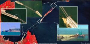 Облаштування шести пірсів під Керченським мостом. 26.06.2024 р. Джерело фото: супутник Sentinel-2, соцмережі, https://t.me/Crimeanwind Колаж: investigator.org.ua