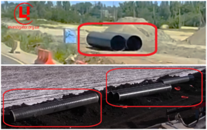 Порівняння труб, які використовують на укладанні трубопроводів “Таганрог – Маріуполь – Бердянськ” (зверху) та труби на роботах з будівництва водогону “Ростов  – Донецьк”. Фото: соцмережі Колаж:investigator.org.ua