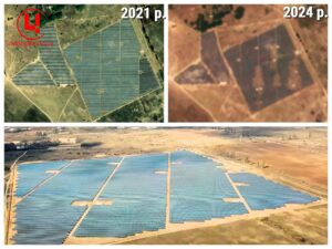 СЕС у с.Костогризове на ТОТ  Херсонської обл. Фото: Google Maps, супутники Maxar, Sentinel-2. Колаж: investigator.org.ua