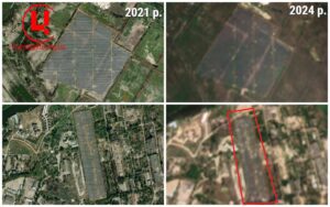 СЕС у м. Олешки на ТОТ  Херсонської обл. Фото: супутники Maxar, Sentinel-2. Колаж: investigator.org.ua