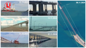 Будівництво захисних споруд на ділянці від арок мосту до о.Тузла. Жовтень-листопад 2024 р.  Фото: соцмережі, browser.dataspace.copernicus.eu. Колаж: investigator.org.ua 