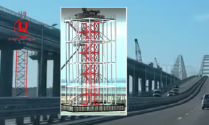 Внутрішня частина нової вежі (червоним кольором) біля Керченського мосту у листопаді 2024 року та одна з двох веж, зафіксованих раніше Колаж: investigator.org.ua  