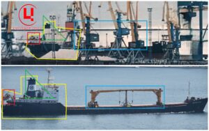 Судно «Alfa-1» в порту Маріуполя в січні 2025 р.(зверху) та на фото сервісу Marinetraffic. Фото: https://t.me/andriyshTime, Marinetraffic.  Колаж: investigator.org.ua