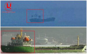 Суховантаж «Victoria K» на виході з порту Маріуполя в січні 2025 р. та на фото сервісу Marinetraffic. Фото: https://t.me/andriyshTime, Marinetraffic.  Колаж: investigator.org.ua