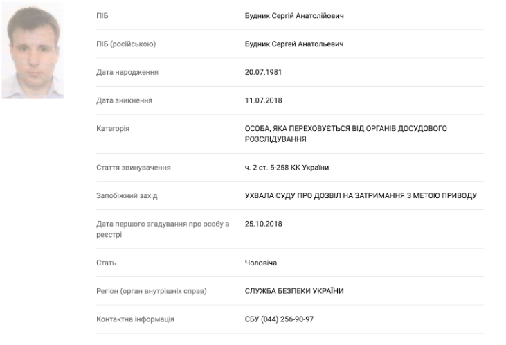 Скріншот оголошення про розшук Сергія Будника за обвинуваченням у фінансуванні тероризму