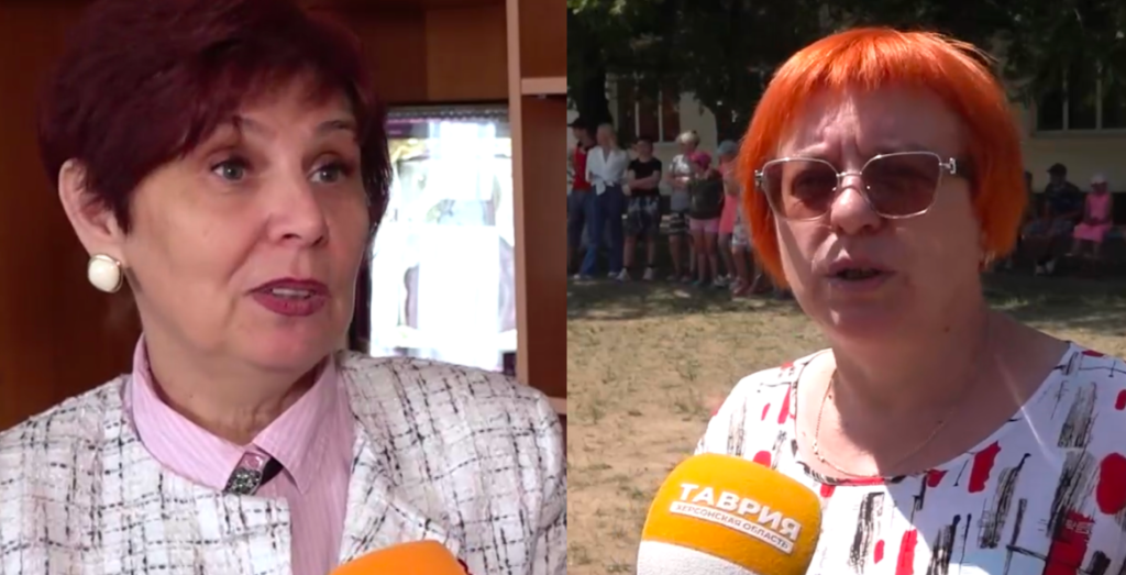 Ольга Шаціло, директорка окупаційної школи-інтернату в Новокиївці, березень 2026 року, та її попередниця - Тетяна Скрипець, червень 2025 року. Фото: скріншот відео з соцмереж